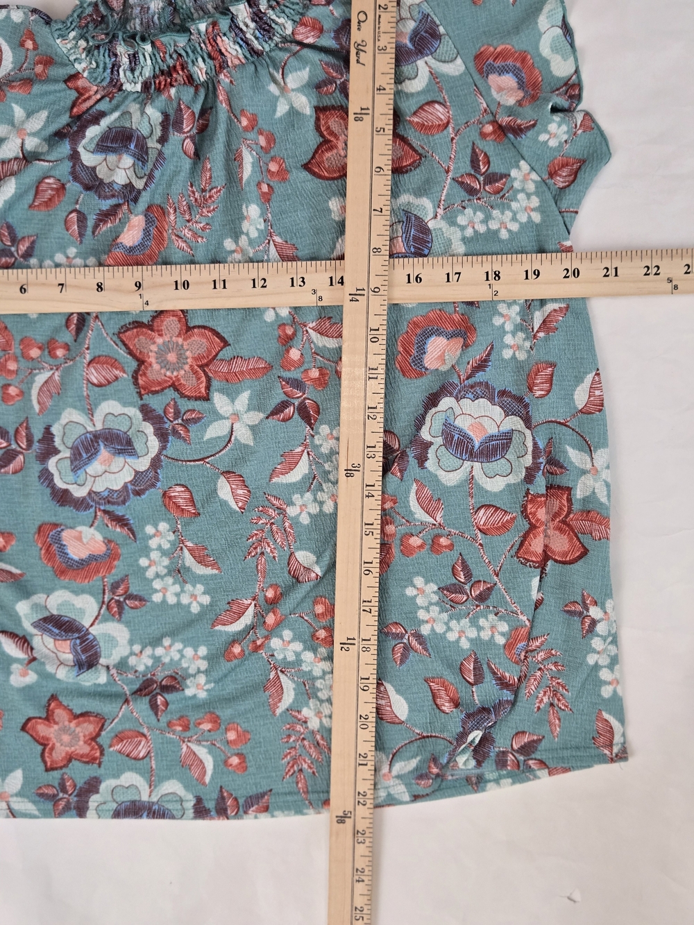 MELLODAY Teal Floral Smocked Ruffle Neck Flutter Sleeve Camisole - M - Picture 9 of 13